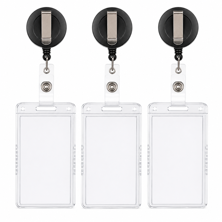 Heavy-Duty Badge Reel & Clear Holder Sets — 3 Pack