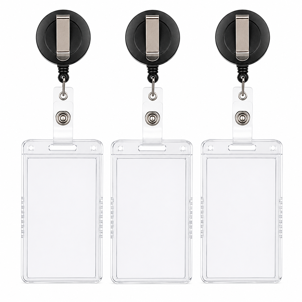 Heavy-Duty Badge Reel & Clear Holder Sets — 3 Pack
